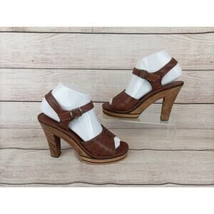 Vintage 1970s Genuine Leather Platform Sandals Size 6 Boho Brown Wood Grain